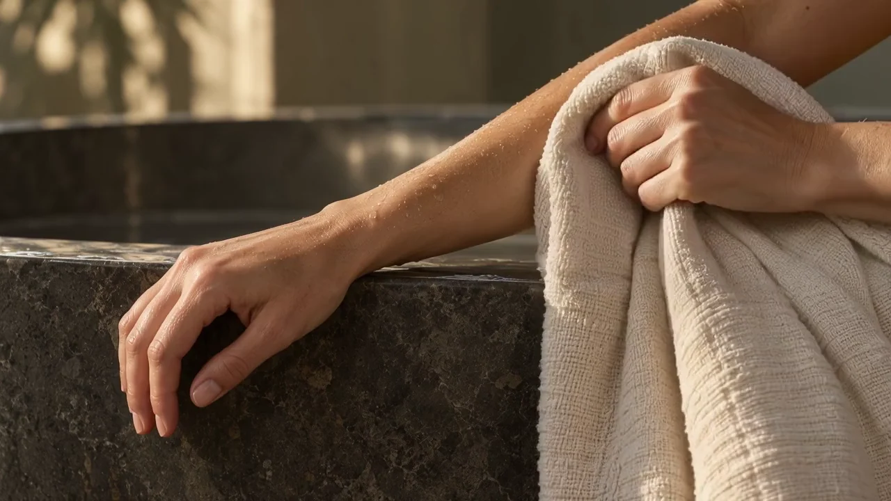 A relaxed hand gently drying a forearm with an ivory towel after a bath.