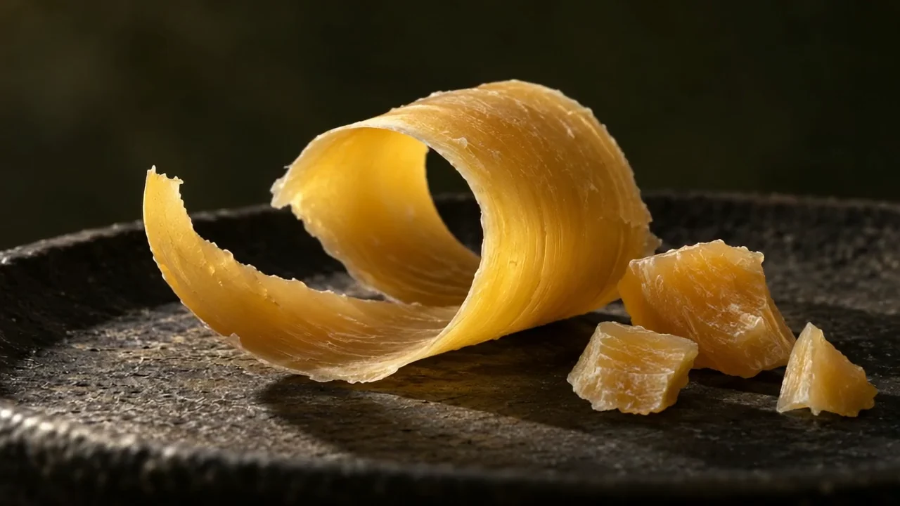 A slow camera arc reveals the translucent golden edge of a curled beeswax shaving.