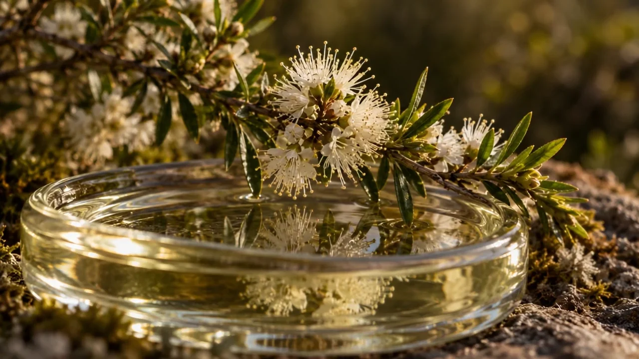 White Kunzea flowers gently sway above their reflection in a shallow glass dish of oil.