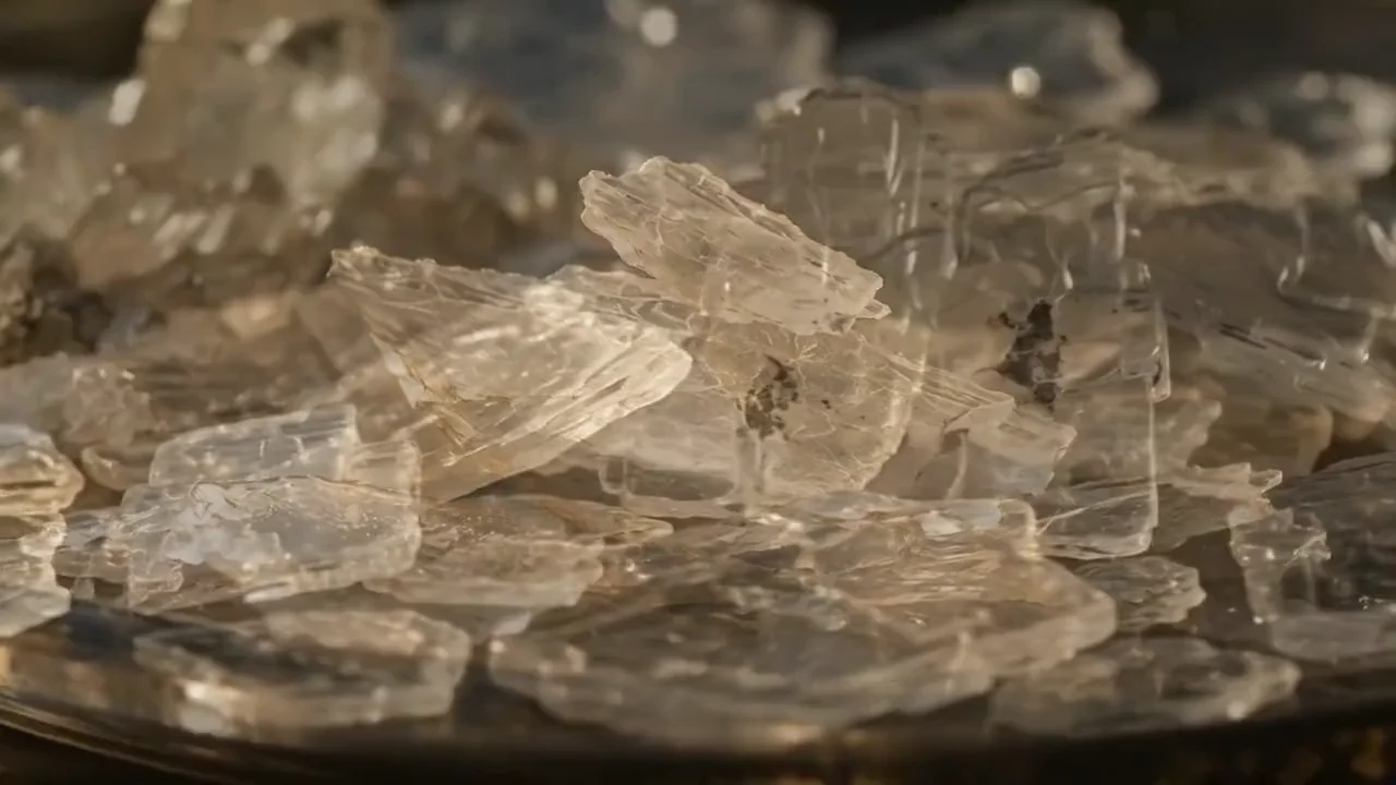 A low macro camera moves past layered translucent magnesium chloride flakes.