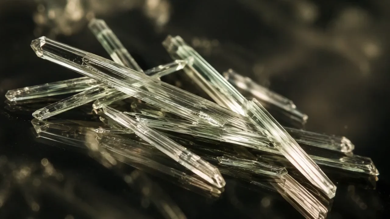 A close camera arc reveals silver refractions along slender transparent menthol crystals.