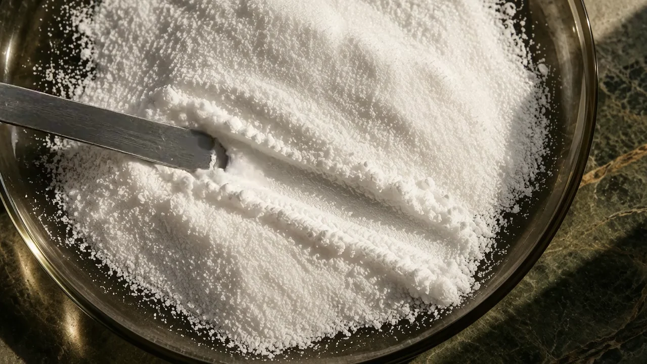 An overhead macro view of a metal spatula moving through fine crystalline MSM powder.