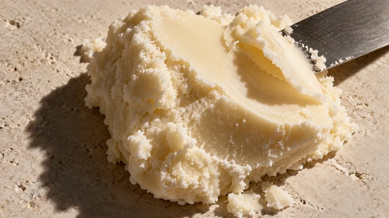 A blade shaves a fine curl from solid ivory shea butter on pale limestone.