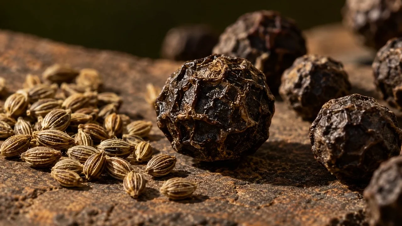 A low macro view of wrinkled black peppercorns and tiny ribbed ajowan seeds on warm stone.