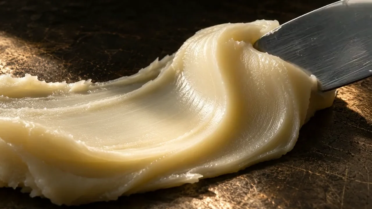 A palette knife draws a satin ribbon through dense ivory balm on a bronze surface.