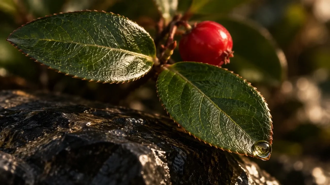 A dew bead catches the light on a glossy wintergreen leaf, with a red berry behind.