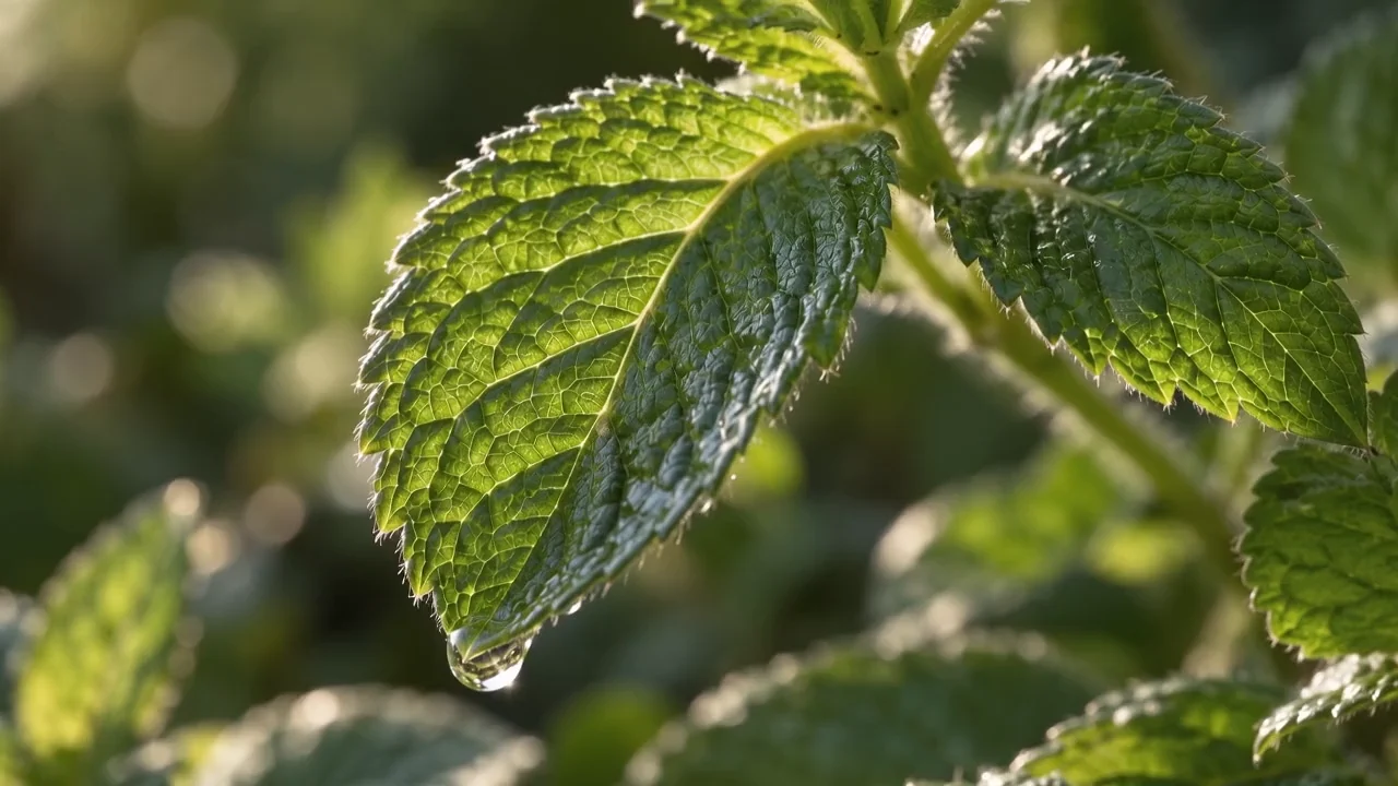 A dew bead falling from a fresh peppermint leaf as the plant gently moves.