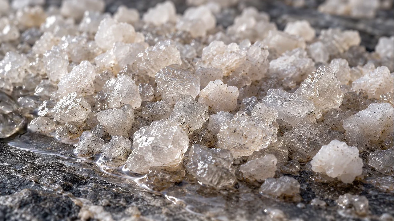 A thin film of brine moving gently between coarse, angular salt crystals.