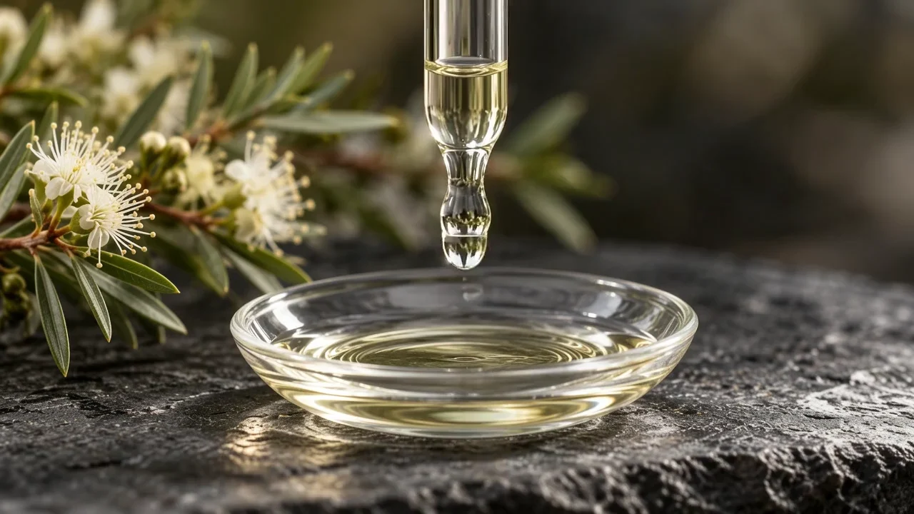 A pale clear oil drop falling from a glass pipette into a shallow glass dish, with Kunzea foliage behind.