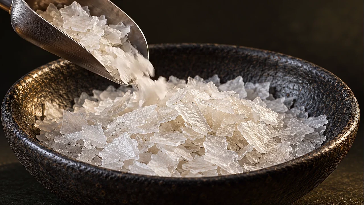Thin dry magnesium chloride flakes tumbling from a metal scoop and settling in a charcoal ceramic dish.