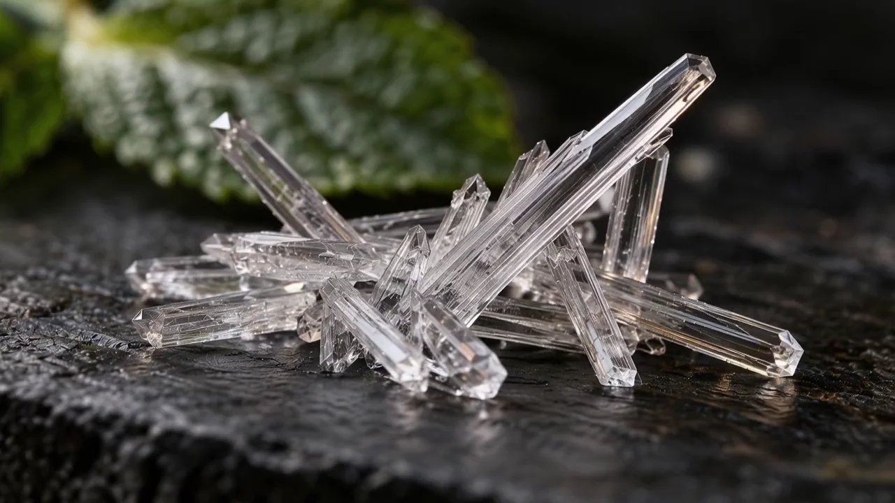 A close view of needle-shaped menthol crystals, with light moving across their transparent faces.