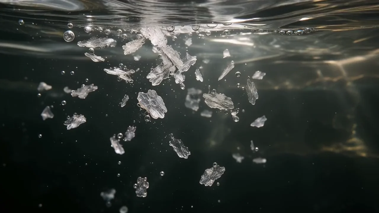 An underwater view of fine mineral flakes sinking below the surface.
