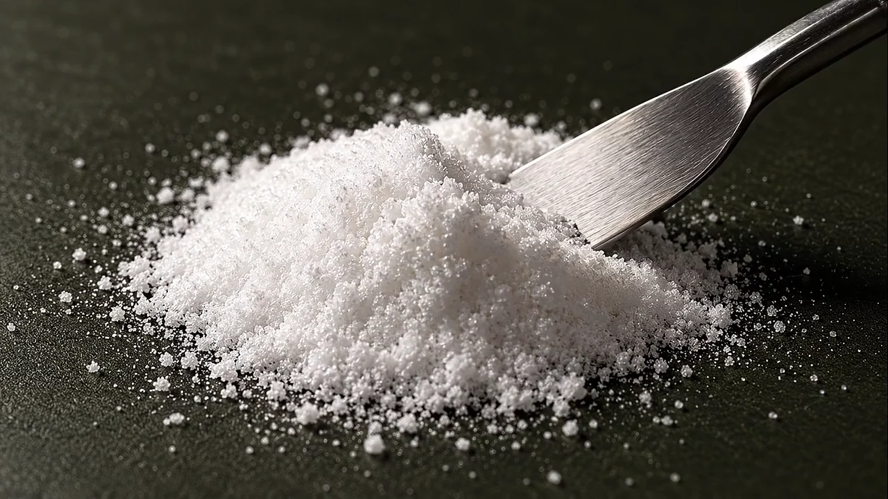A steel spatula drawing a shallow furrow through fine white crystalline MSM powder.
