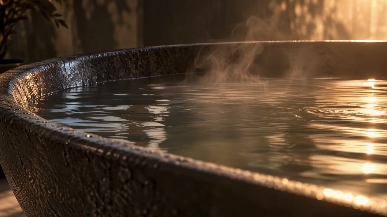 Fine steam rising from a dark stone bath in warm sunlight and cool reflected light.