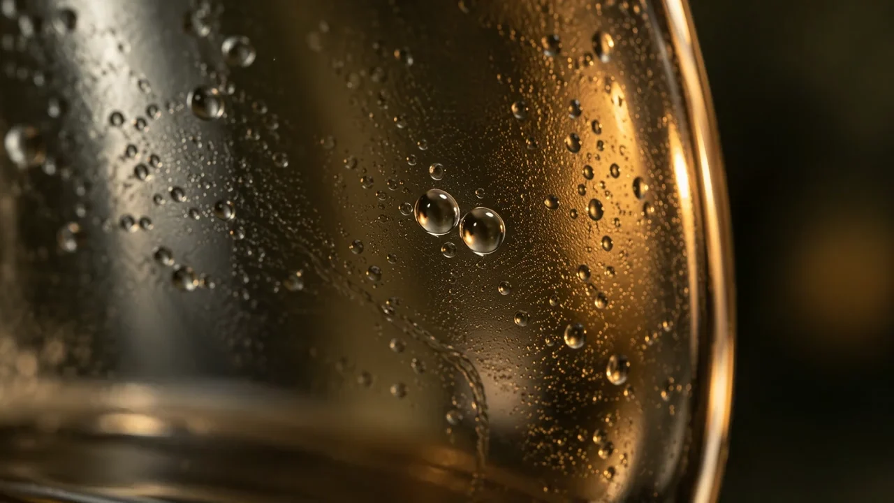 A visual study of warmth: clear condensation beads merging and tracing a path down amber-lit glass.