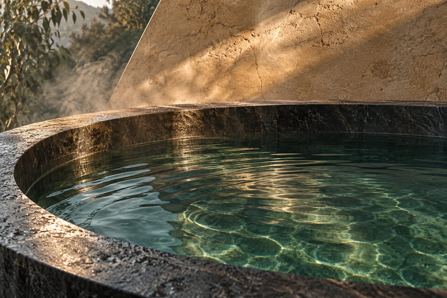 Warm light catches the curved rim of a charcoal stone plunge pool and ripples across deep green water.