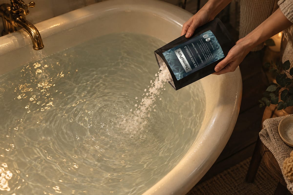 Hands pour mineral flakes from an open ThermoPure pouch into a warm bath.