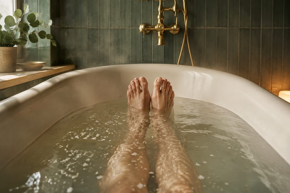 Two feet rise above the water at the end of a cream bathtub.