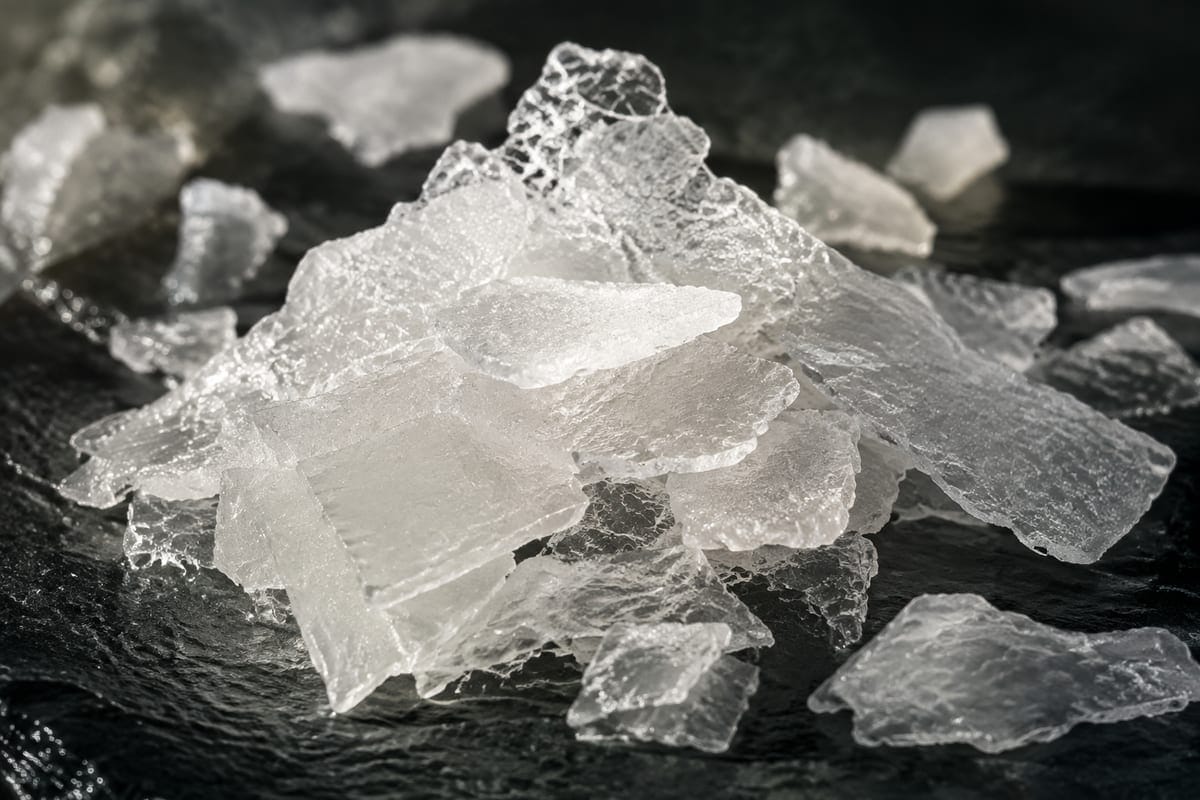 Translucent white flakes lie on dark slate.
