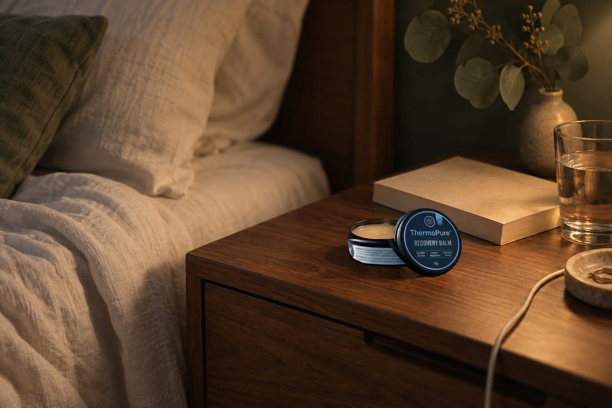 An open ThermoPure balm tin sits beside a book and water glass on a walnut bedside table.