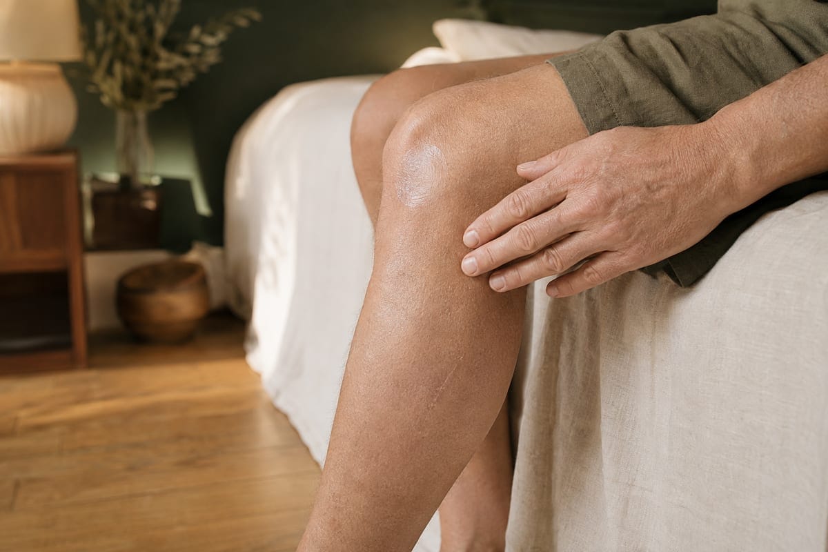 A seated person rests a hand on one knee beside ivory bed linen.