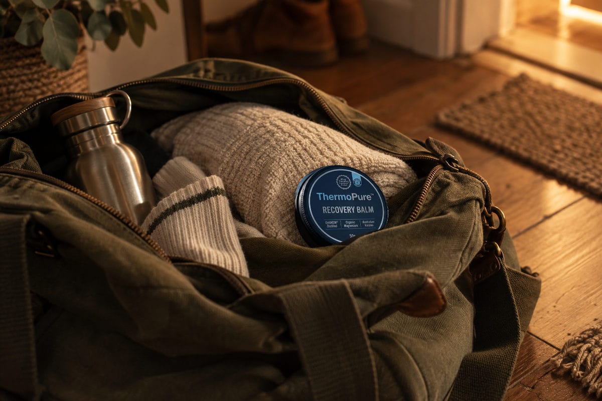 A ThermoPure balm tin is tucked into an olive canvas sports bag with a towel and water bottle.
