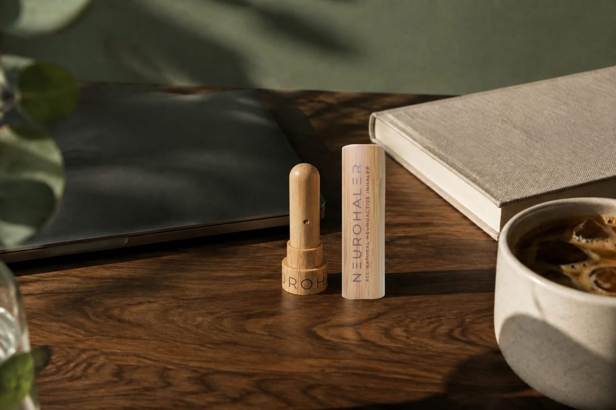 An open bamboo Neurohaler and its cap stand on a walnut desk beside a closed laptop and notebook.