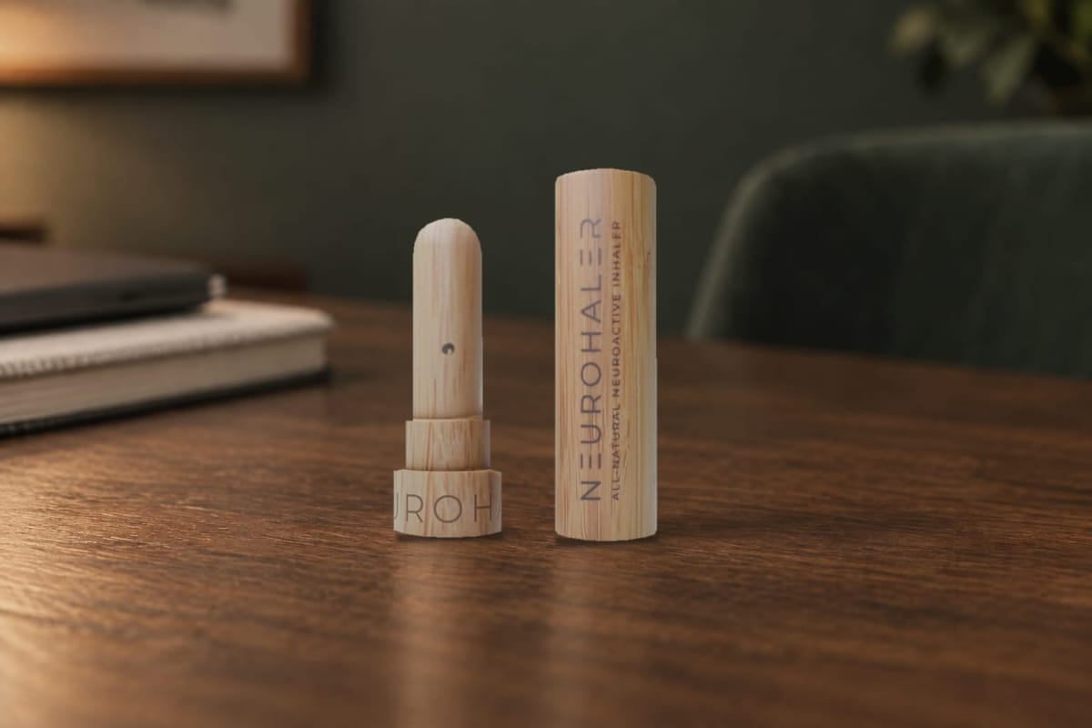An open bamboo Neurohaler and its cap stand on a walnut desk beside a closed laptop and notebook.