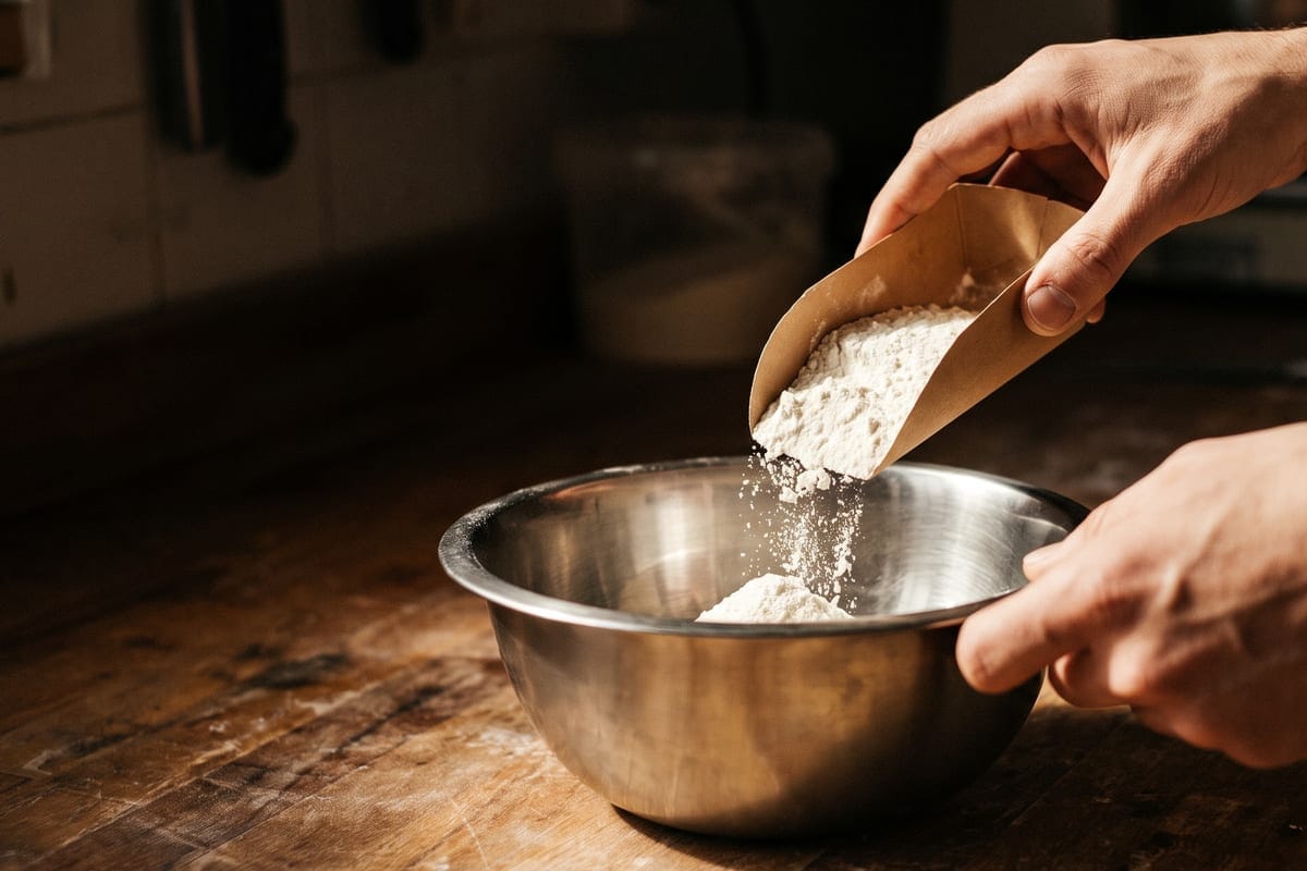 Two hands tip fine white powder from a brown paper scoop into a stainless steel bowl on a worn timber bench in warm lamplight.