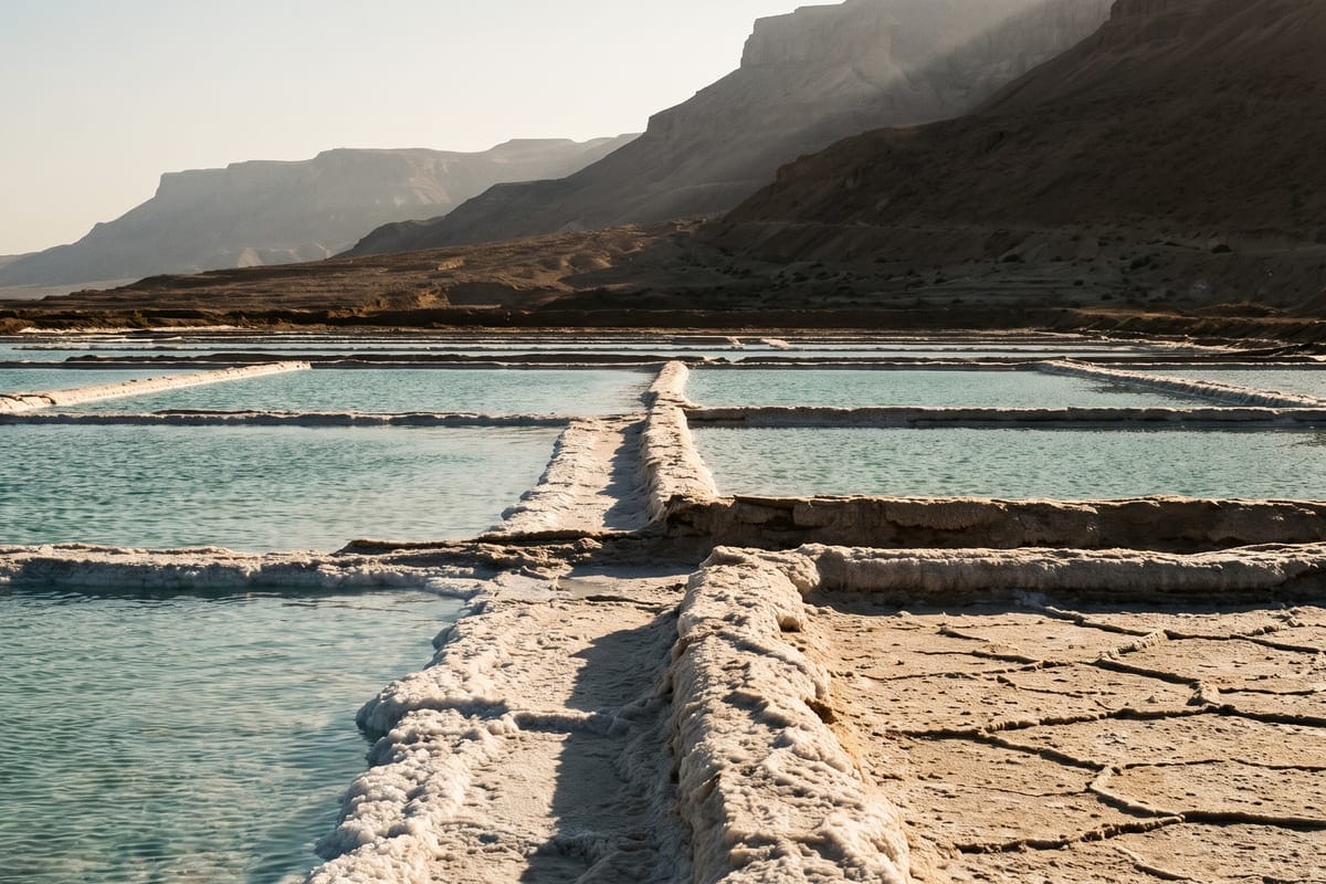 Shallow turquoise evaporation pans edged with thick white salt crust stretch towards hazy desert escarpments in late afternoon light.
