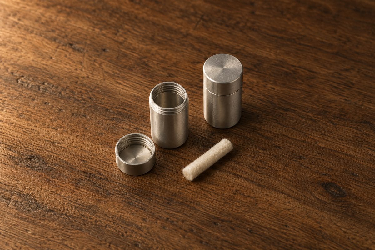An open aluminium refill pod, its cap and cotton wick sit beside a sealed pod on a warm timber bench.