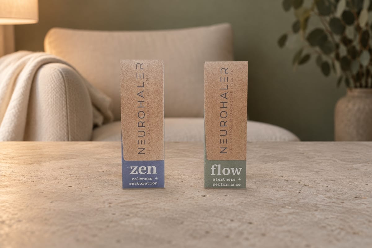 The Neurohaler ZEN and FLOW packets together on a pale stone table beside a cream linen armchair