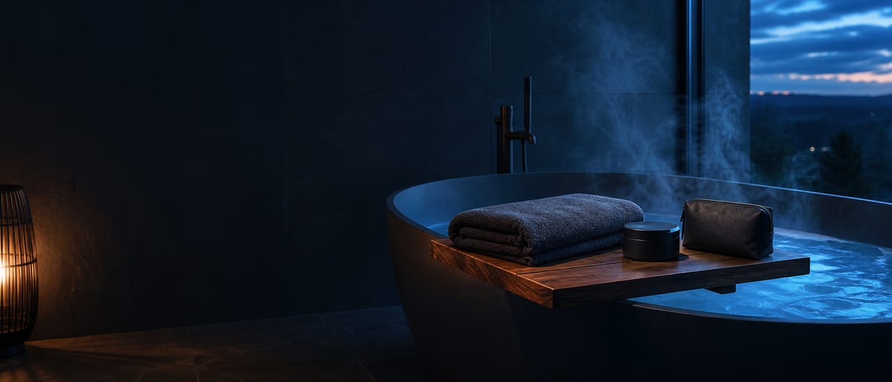 Steam rising from a freestanding tub at dusk with a folded towel and ThermoPure recovery products on a wooden bath board