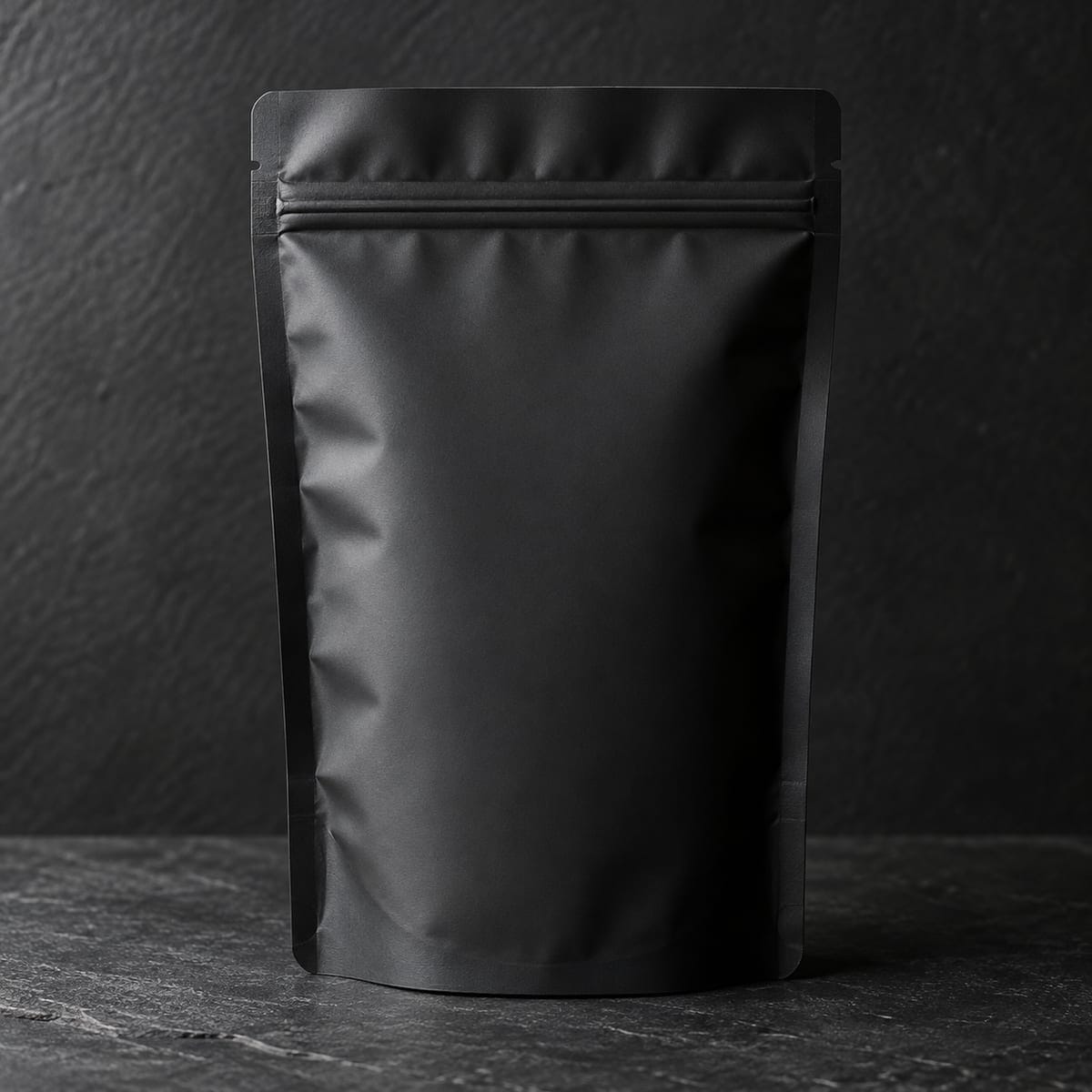 A blank matte black stand-up pouch on dark slate