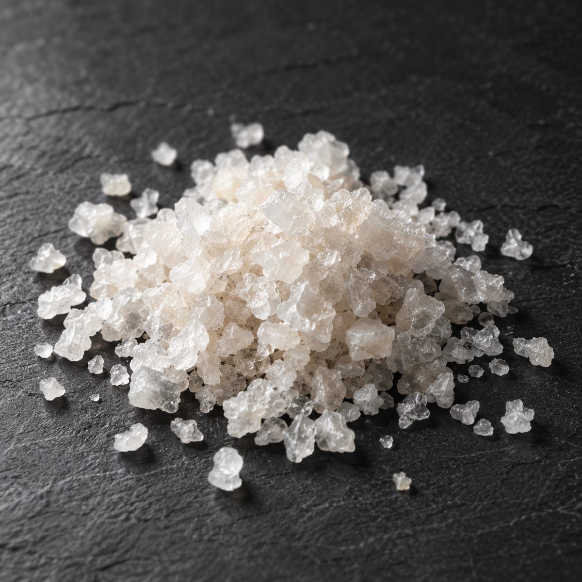 Coarse off-white Dead Sea salt crystals on dark slate