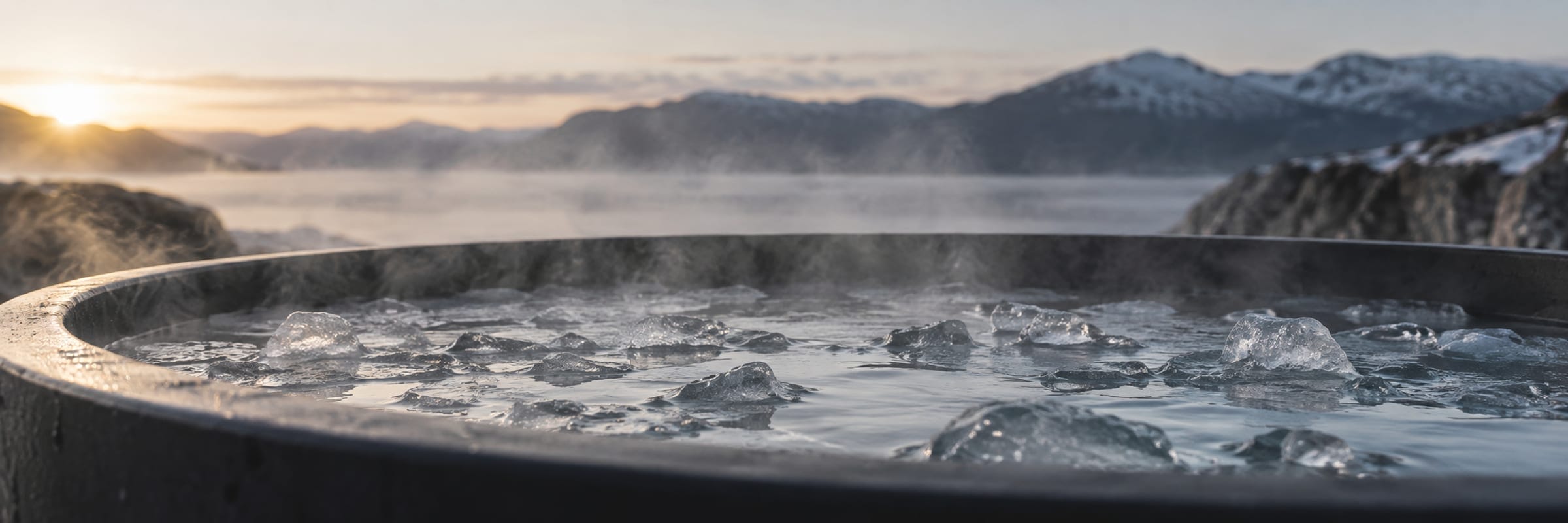 An outdoor ice bath at dawn with floating ice and a thin veil of mist above the water