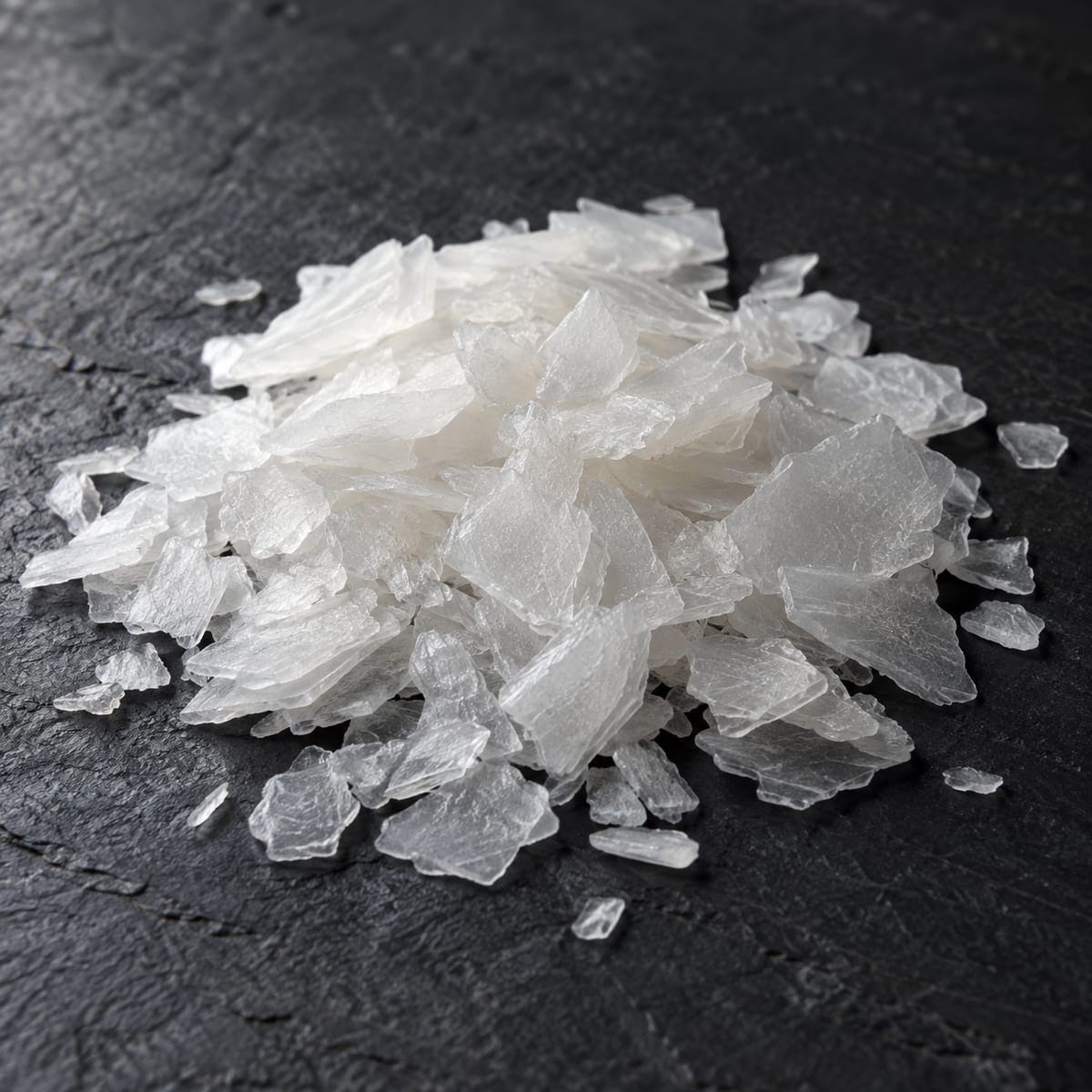 Translucent white magnesium chloride flakes on dark slate