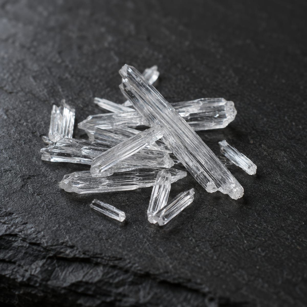 Clear needle-like menthol crystals on dark slate