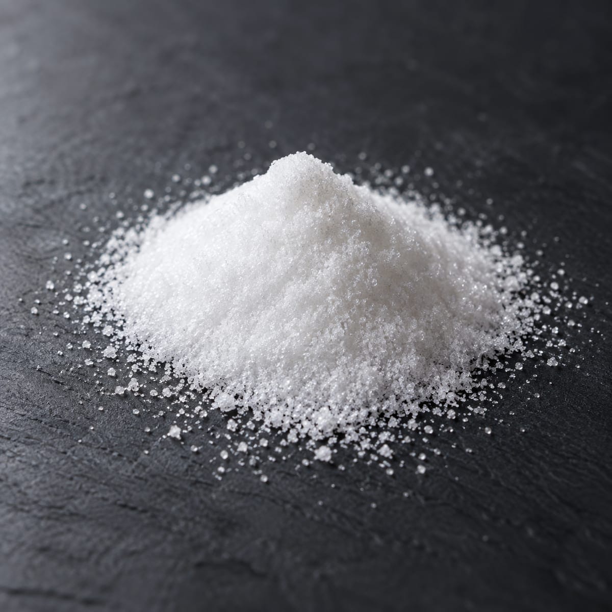 A small mound of fine white MSM crystalline powder on dark slate
